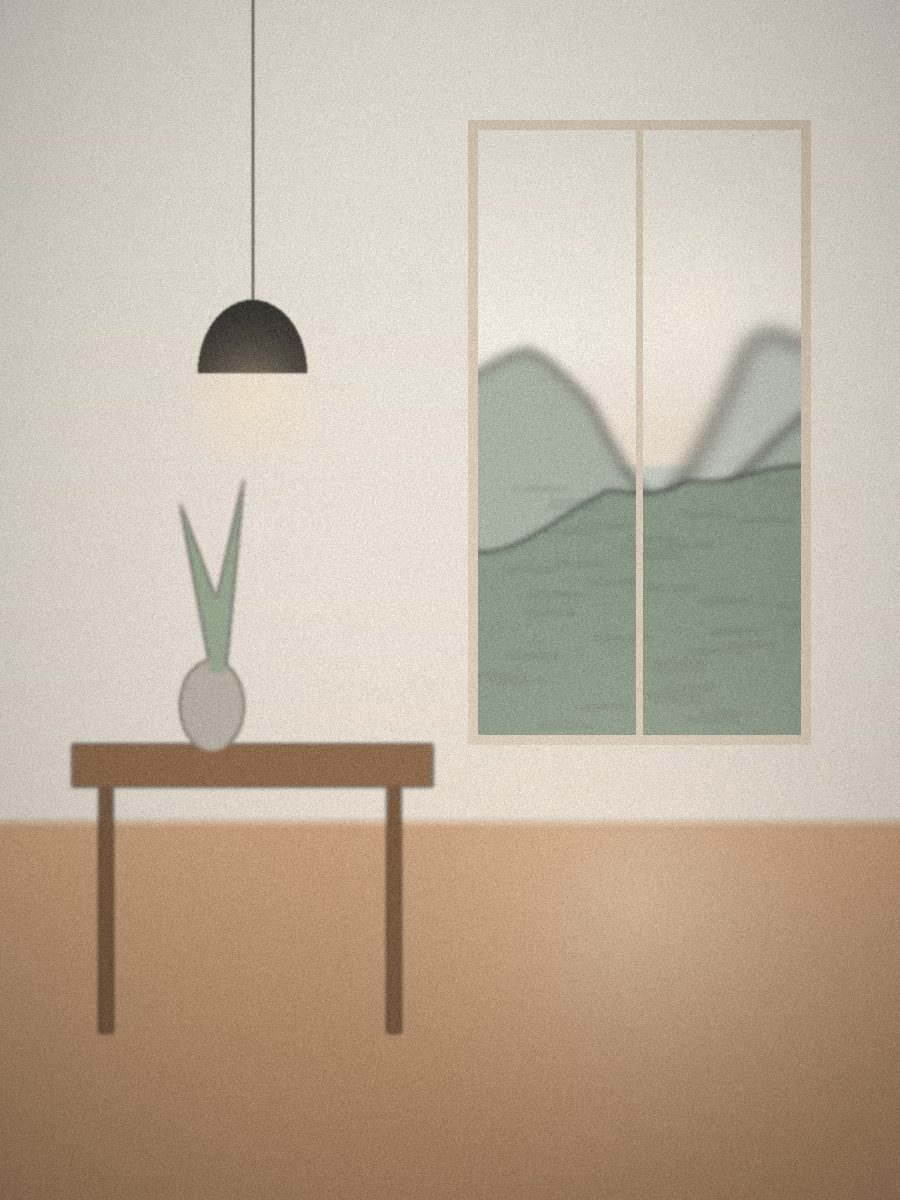 Intérieur de chalet épuré, table en chêne et fenêtre ouverte sur les montagnes